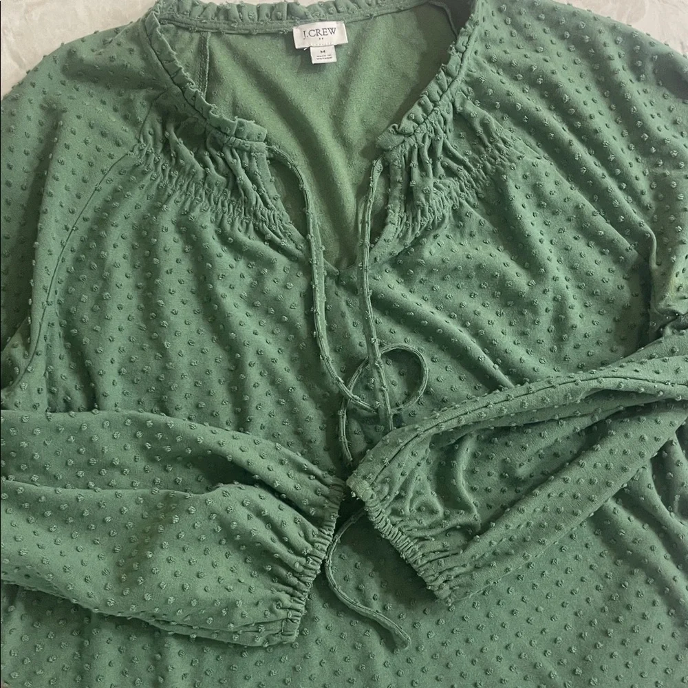 J Crew Clip-dot smocked-neck long sleeve V neck green top blouse size M - Picture 4 of 11